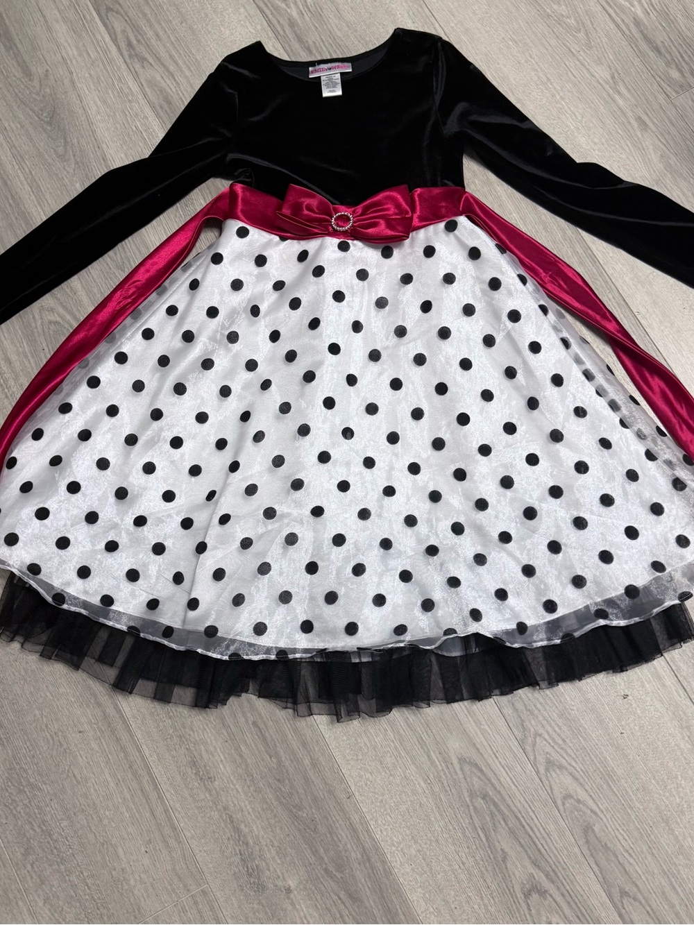 Emily West Black Velvet & White Polka Dot Party Dress with Berry Sash
